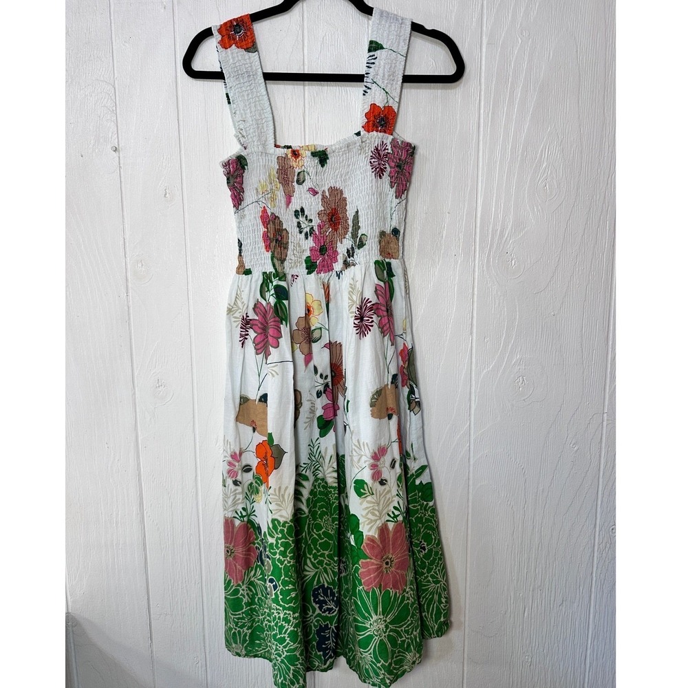 Magic Floral Smocked Midi Dress Womens M White Green Boho 100% Cotton Excellent